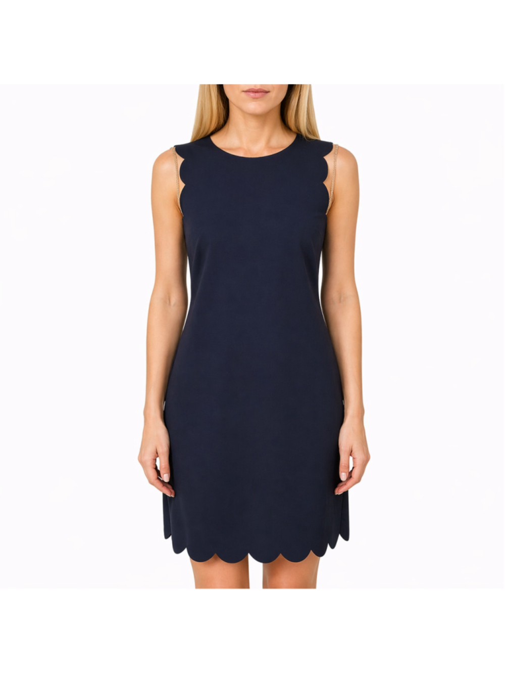 J. Crew Navy Blue Scalloped Sheath Dress Sleeveless Ponte Career Chic Size 6